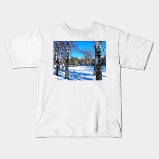 Scenery at the Sormovsky Park in Nizhny Novgorod with birches, trunks, coniferous trees, snow Kids T-Shirt